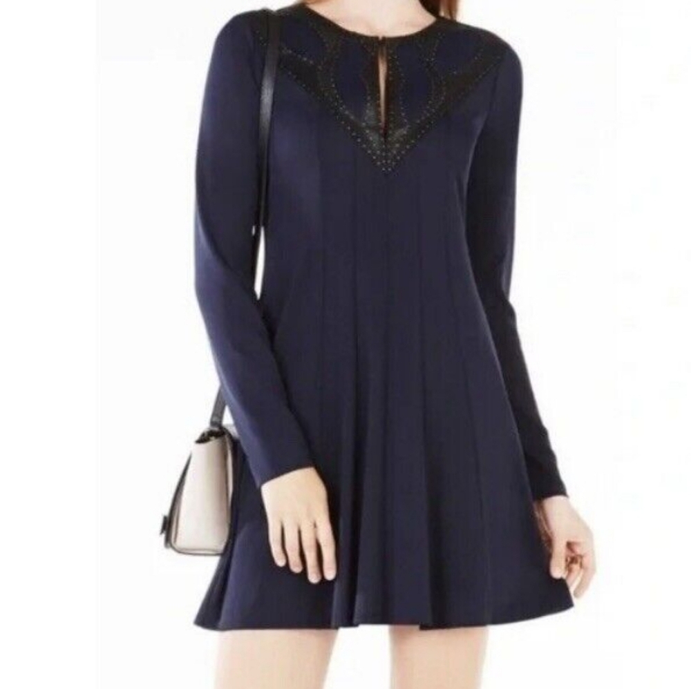 BCBG Max Azria Navy Dress with Leather Collar Size XS
